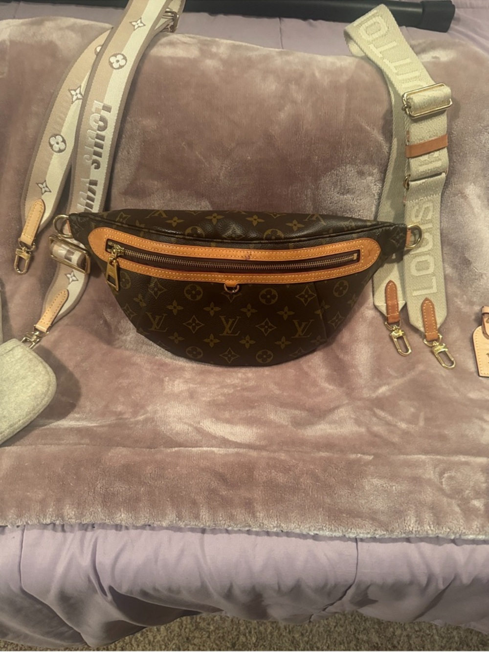 Louis Vuitton Monogram Crossbody in Brown with Tan and Gold Accents. Strap added